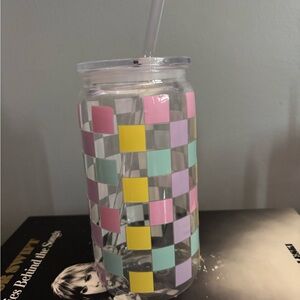 Colorful Checkered Plastic Tumbler with Straw